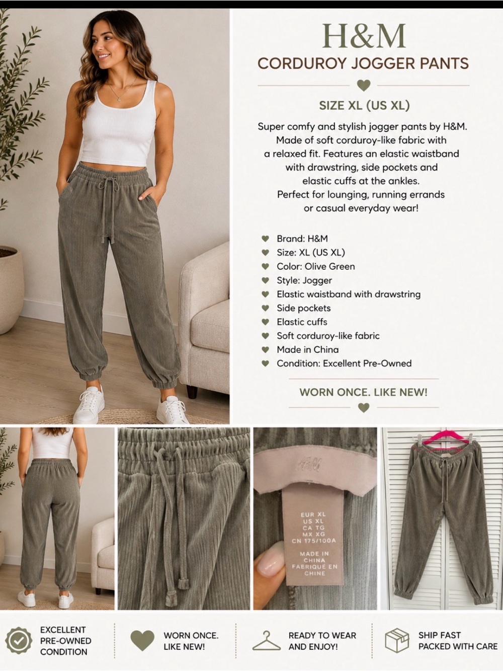 H&M Olive Ribbed Jogger Pants Size XL